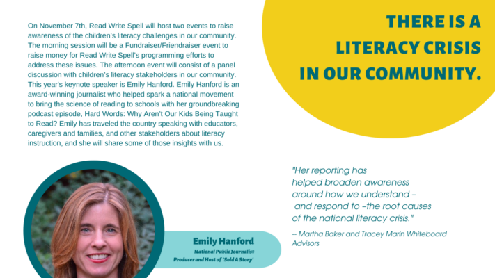 Event Information with a picture of Emily Hanford stating there is a literacy crisis in our community.