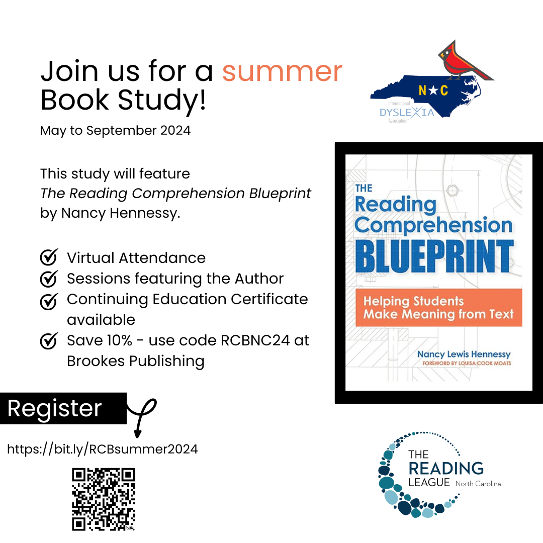Book Study Information with the blue and orange cover of The Reading Comprehension Blueprint and TRL-NC and IDA NC logos. A QR code and description of the event is included in black text on a white background.