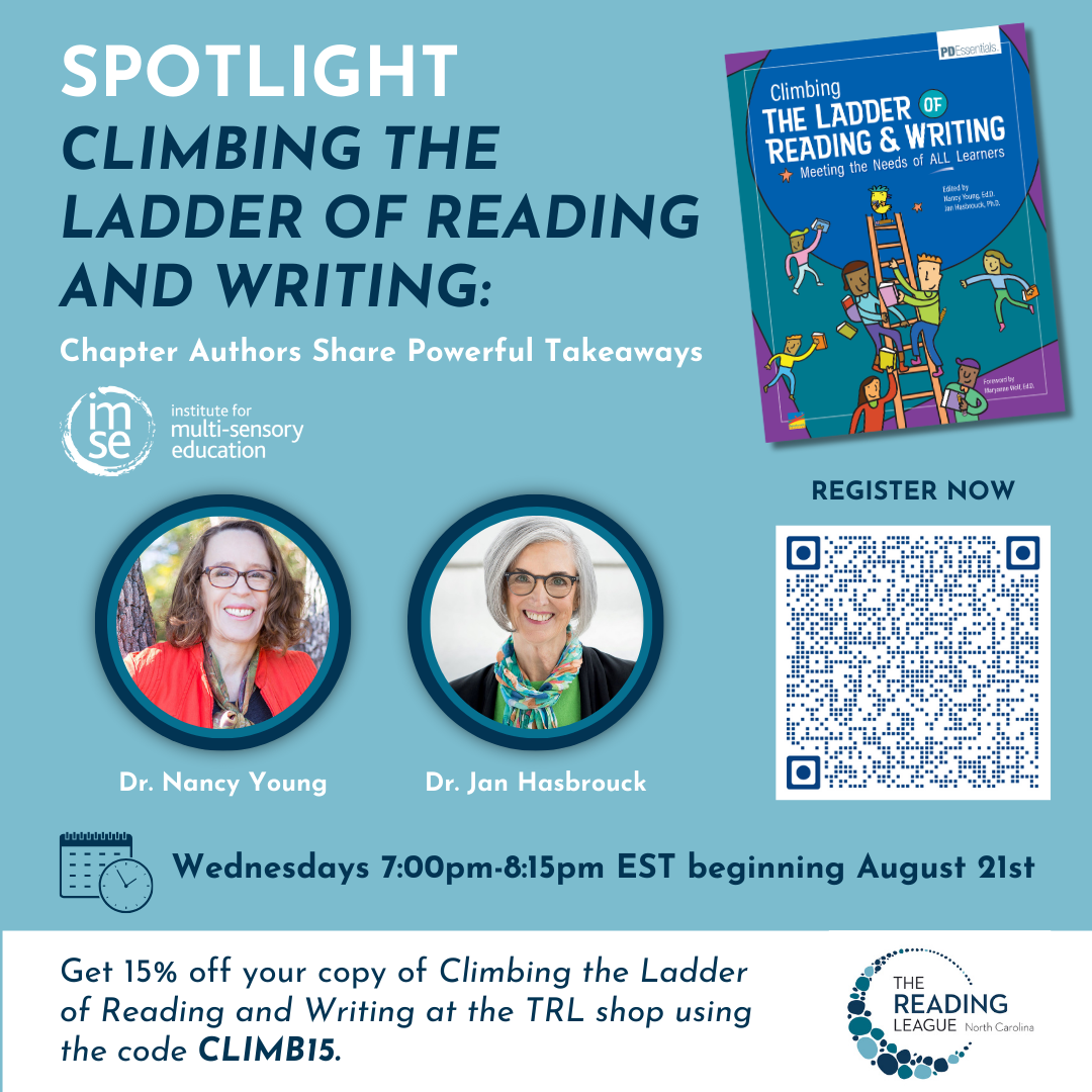 A blue background with headshots of Nancy Young and Jan Hasbrouck. The book Climbing the Ladder of Reading and Writing is shown above a QR code for registration.